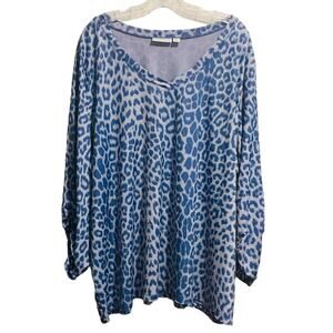 Susan Graver Animal Print Pullover V-Neck Top Stretchy Slinky Blue 3X
